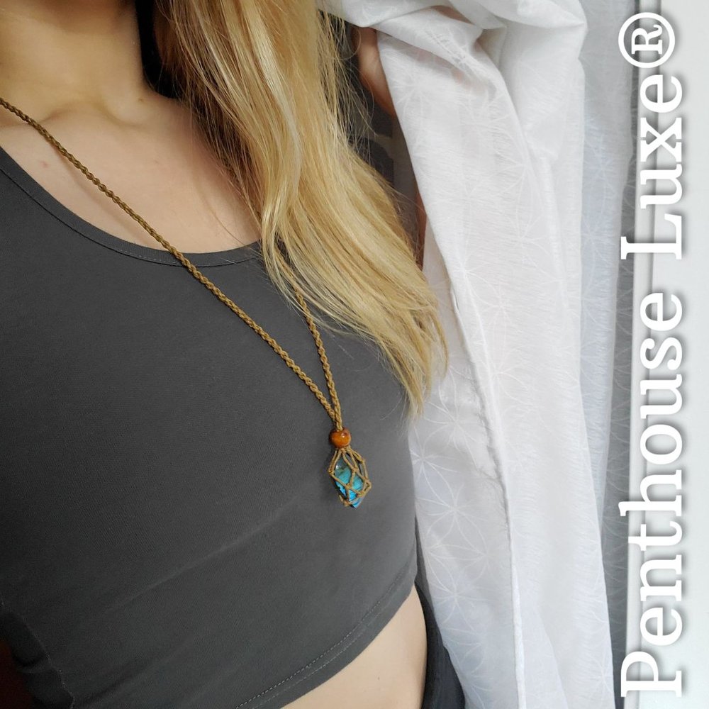 NEW!! Real Labradorite Wooden Beaded Rope Fishing Net Pendant Necklace - Picture 5 of 5